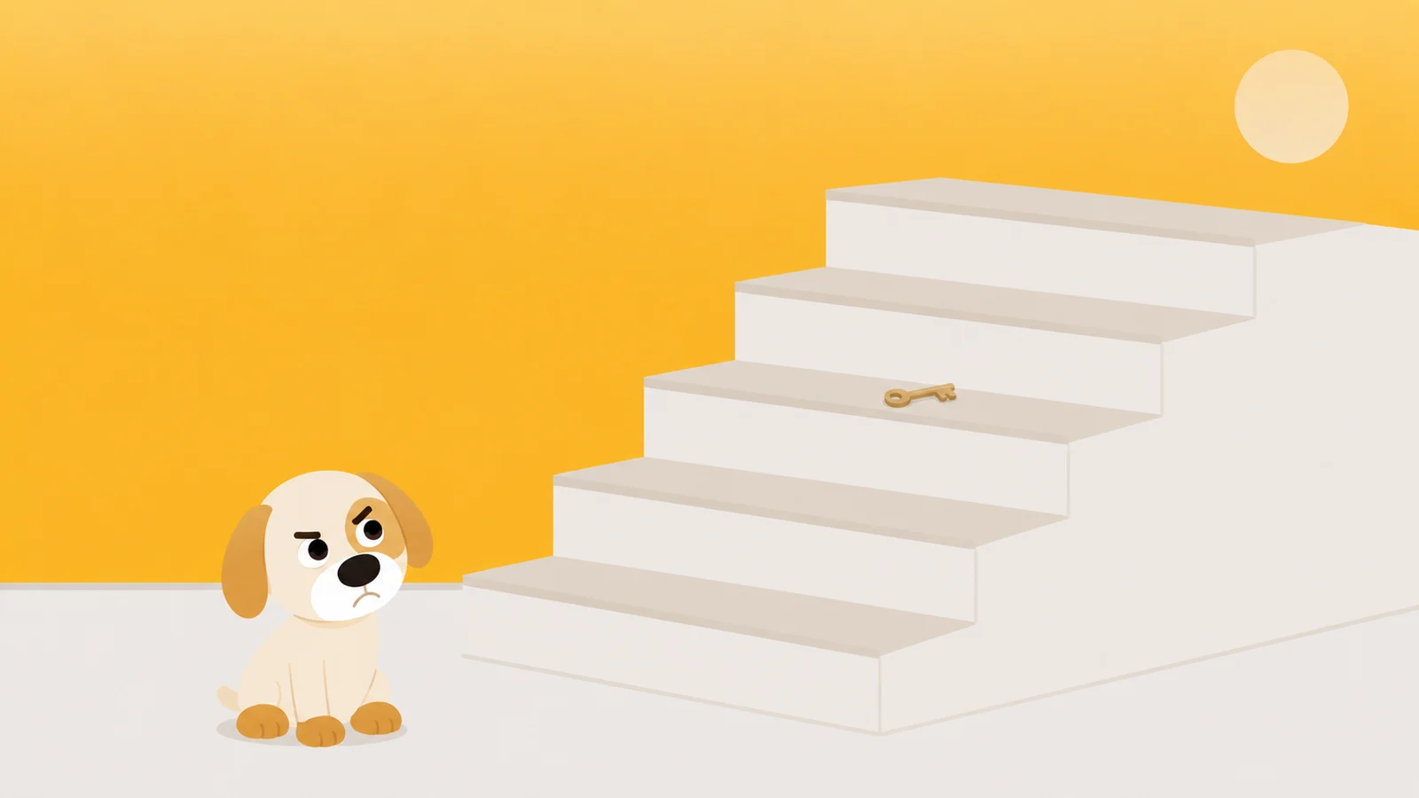 A small key sitting on a stair tread halfway up a flight, with a dog at the bottom looking up at it