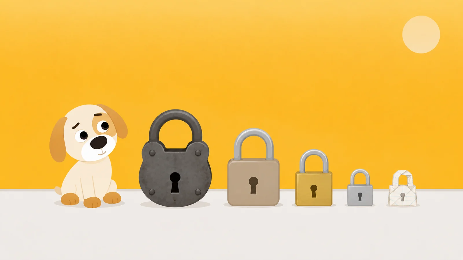 Five padlocks in descending size, from heavy iron down to one made of paper, a dog sitting at the heavy end