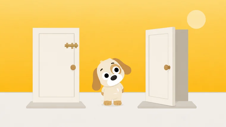 Two doors identical from the front, one turned to reveal it has no bolt on the back, a dog noticing the difference