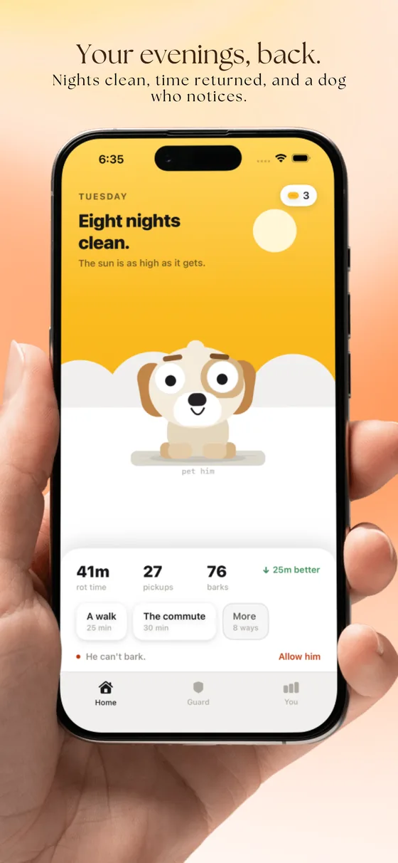 The Scrappy home screen showing eight nights clean.
